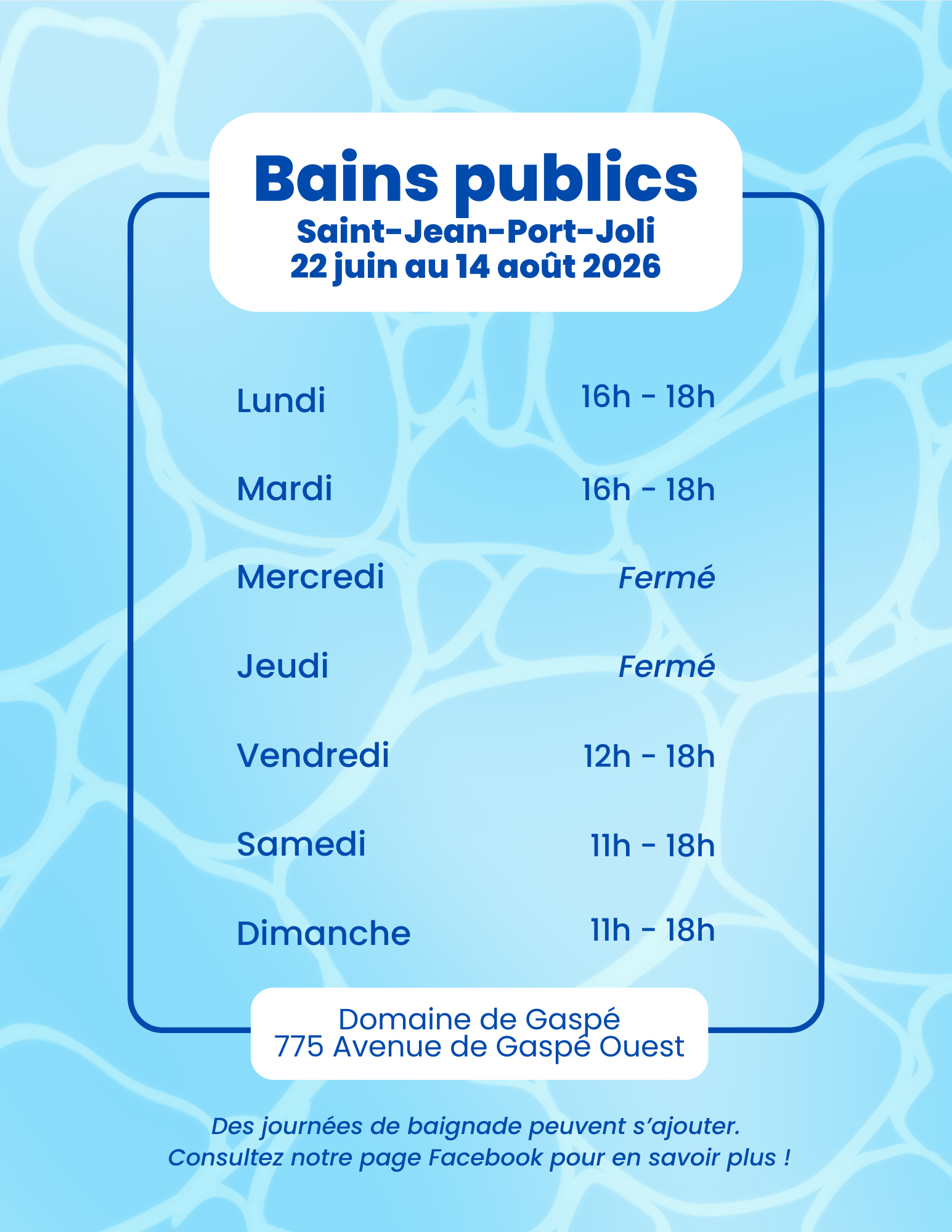 Bains publics 2026 | Piscine du Domaine de Gaspé à Saint-Jean-Port-Joli