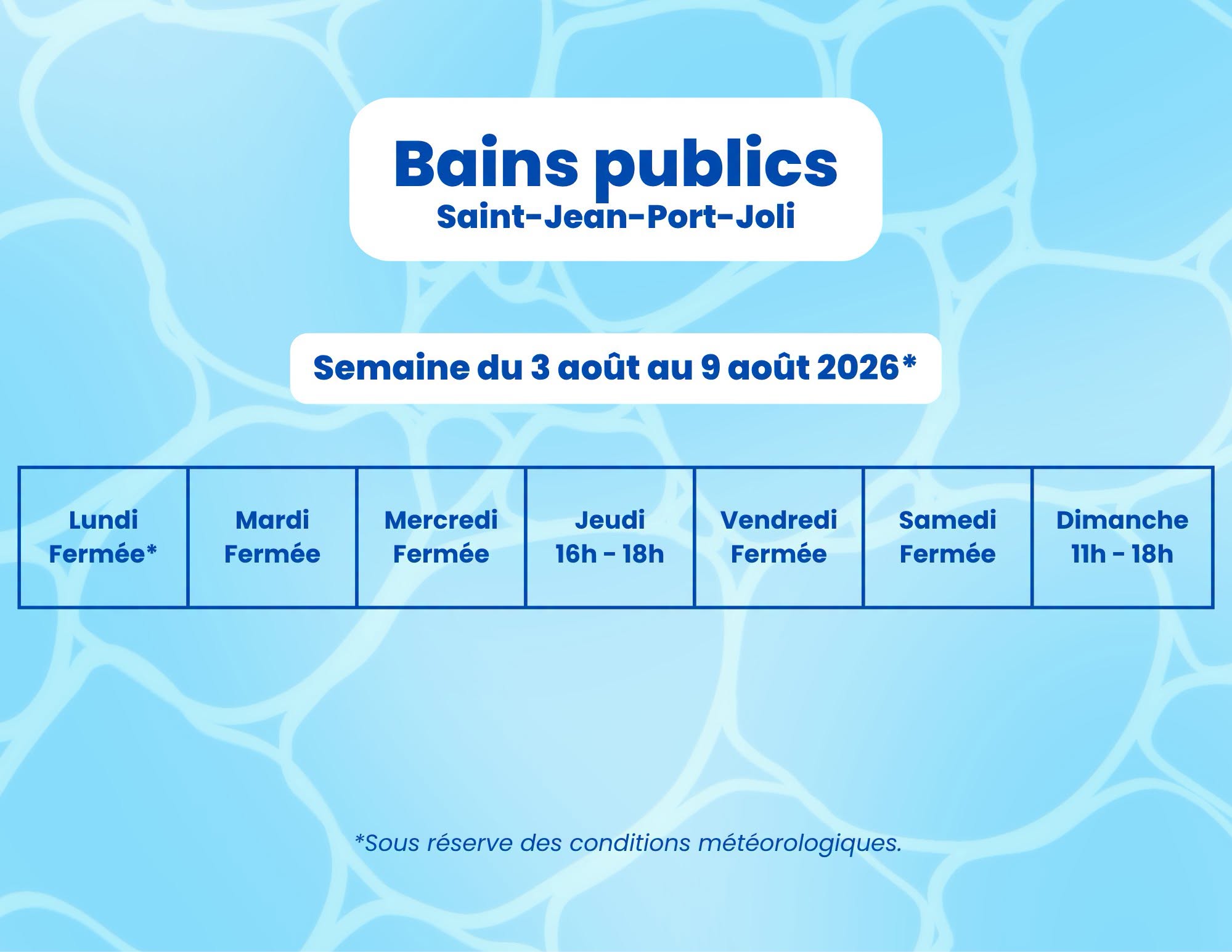 Horaire des bains libres | août 2026 | Domaine de Gaspé